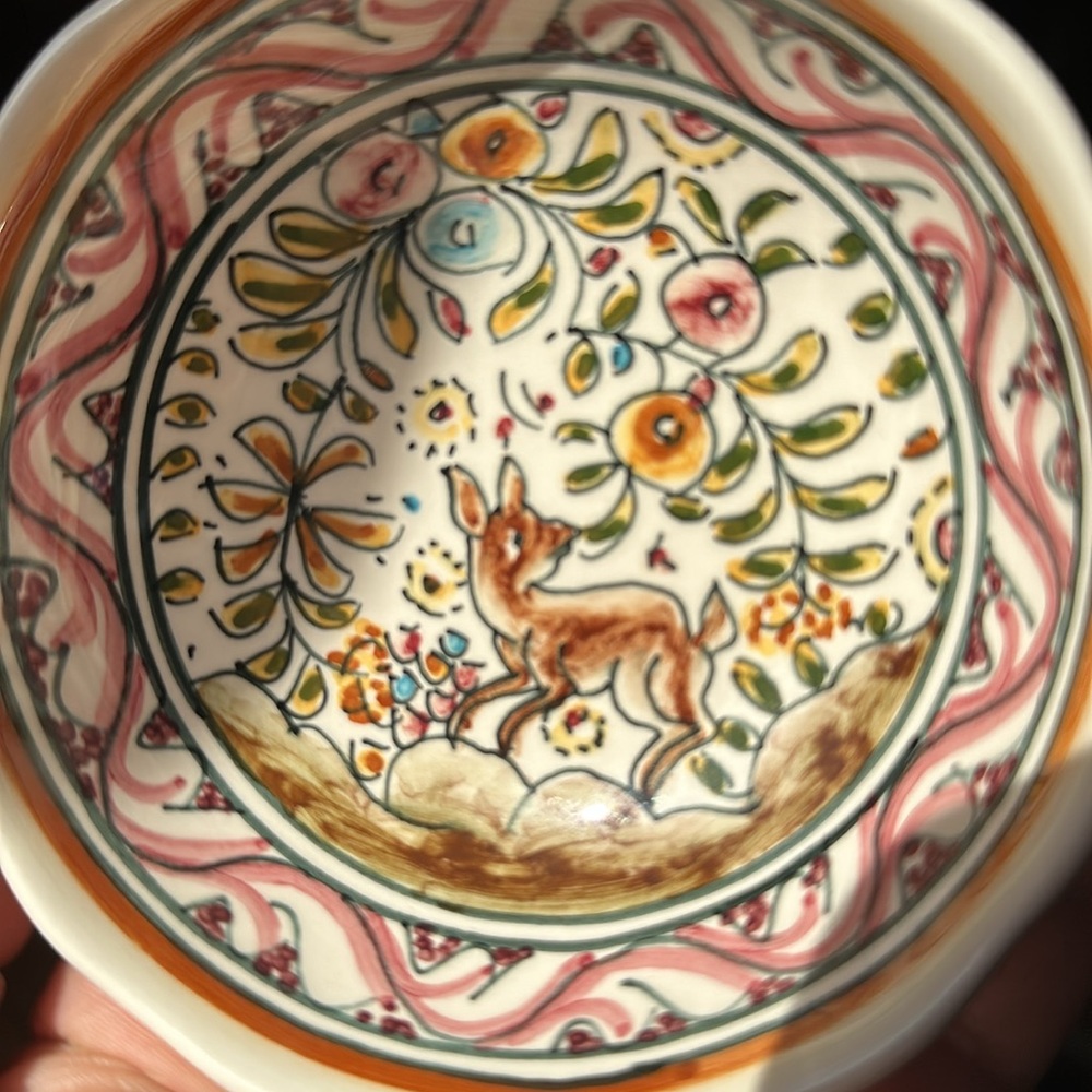 🇵🇹 Ceramicas De Caimbra hand painted 4” bowl from Portugal. Pink/yellow/green - Picture 2 of 9